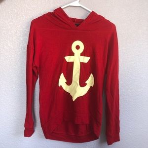 Red hoodie with tan anchor